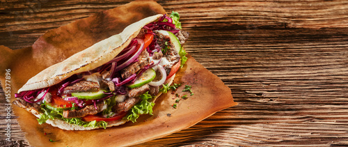 Panorama banner with spicy Turkish doner kebab