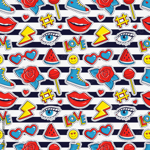 Vector seamless pattern with stripes and colorful patches.
