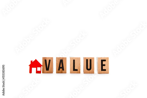 House Value - block letters with red home / house icon with white background 