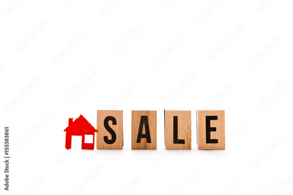 House Sale - block letters with red home / house icon with white background
