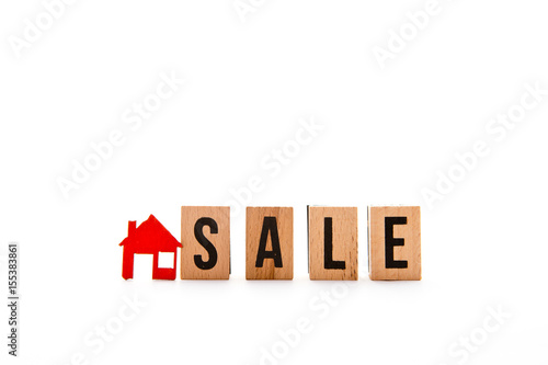 House Sale - block letters with red home / house icon with white background 