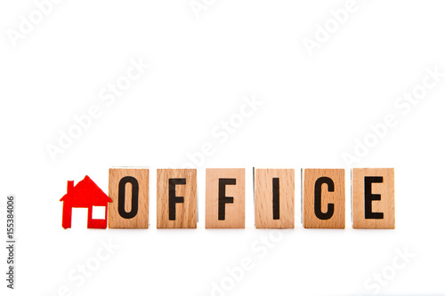 Home Office - block letters with red home / house icon with white background 