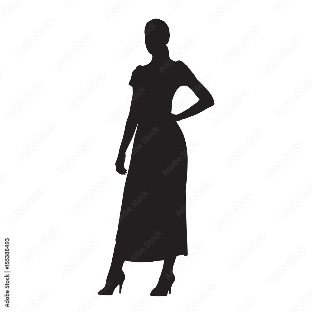 Standing woman in long summer clothes, vector silhouette