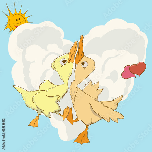 Two ducks swirl in love dance