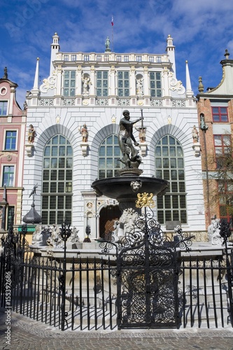 Neptune Fountain - symbol of Gdansk, located at Long Market against Artus Court, Poland