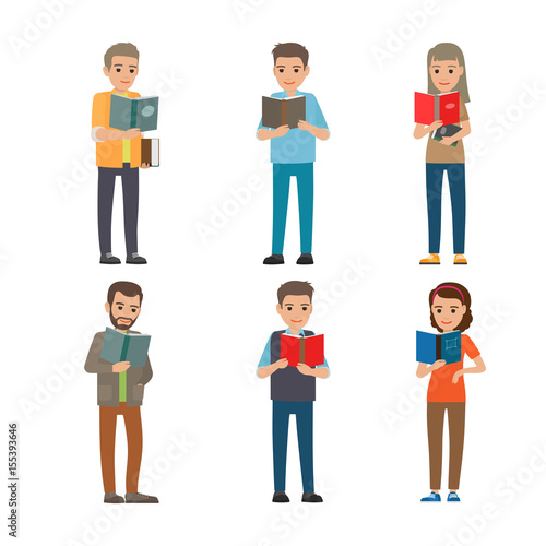 Cartoon Reading people. Male and Female. Books