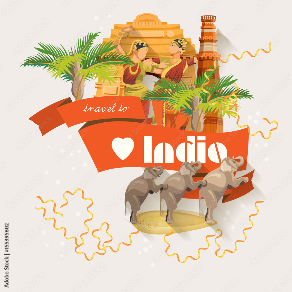 India. Goa. Vector illustration. Indian colorful template. Tropical ...