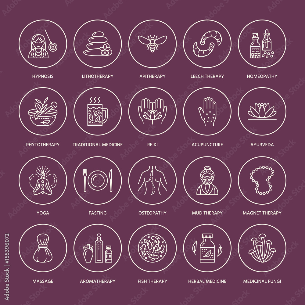 Alternative medicine line icons. Naturopathy, traditional treatment, homeopathy, osteopathy, herbal fish and leech therapy. Thin linear signs for health care center. color. Alternative medicine line icons. Naturopathy, traditional treatment, homeopathy, osteopathy, herbal fish and leech therapy. Thin linear signs for health care center. color.