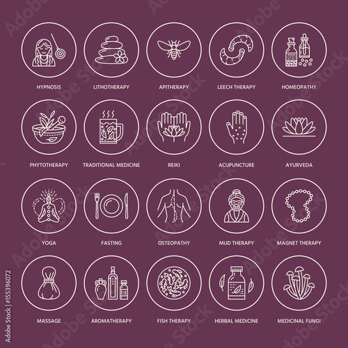 Alternative medicine line icons. Naturopathy, traditional treatment, homeopathy, osteopathy, herbal fish and leech therapy. Thin linear signs for health care center. color.