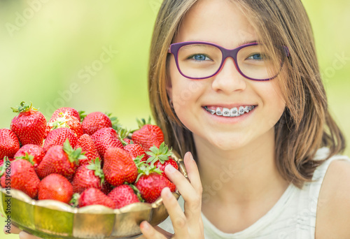 Schilderij op canvas Cute little girl with bowl full of fresh strawberries