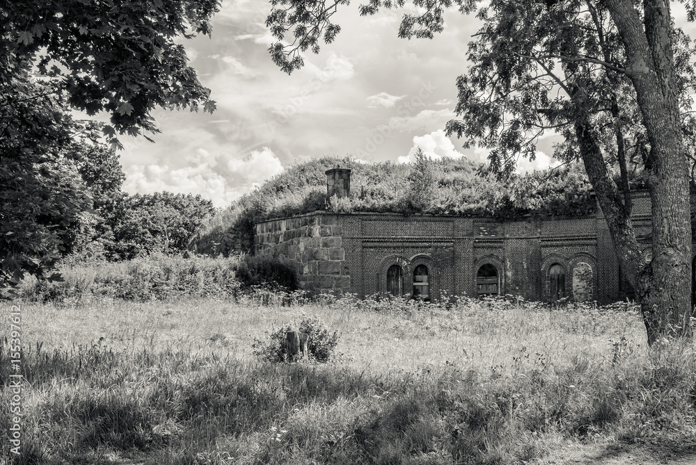 Obraz premium Old war buildings black and white style in Vallisaari, Helsinki, Finland. 08 August 2016