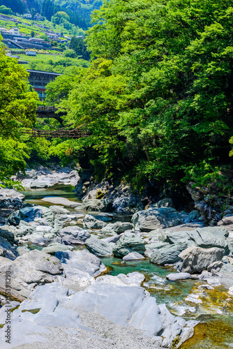 Bild auf Leinwand 渓流と風景 吊り橋