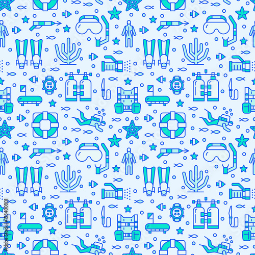 Scuba diving, snorkeling seamless pattern, water sport vector blue background. Summer activity cute repeated wallpaper with spearfishing equipment icons - mask tube, flippers. Good for kids textile.