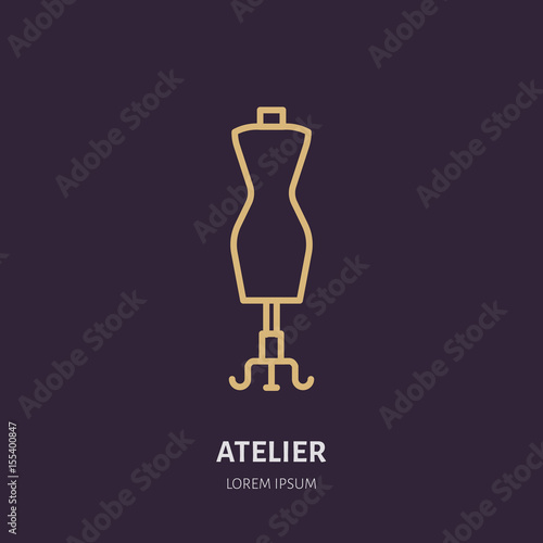 Illustration of tailor dummy, mannequin. Dress shop line logo. Vector flat sign for atelier.