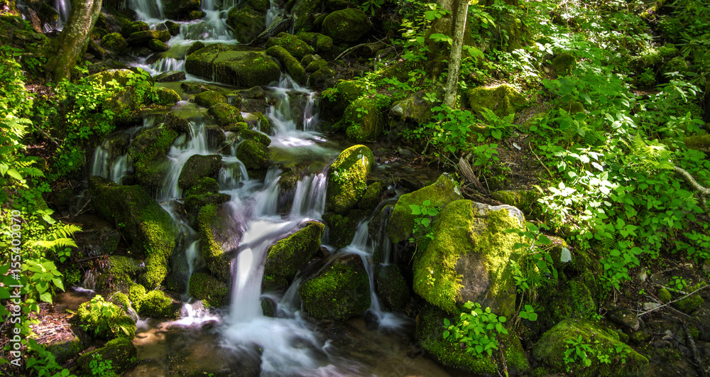 Smoky Mountain Waterfall. Mountain stream tumbles down the mountain side surrounded by lush green foliage. The Smoky Mountains are considered a rain forest and are America's most visited national park Smoky Mountain Waterfall. Mountain stream tumbles down the mountain side surrounded by lush green foliage. The Smoky Mountains are considered a rain forest and are America's most visited national park