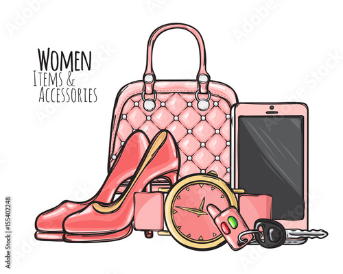 Women Items and Accessories. Pink Female Objects