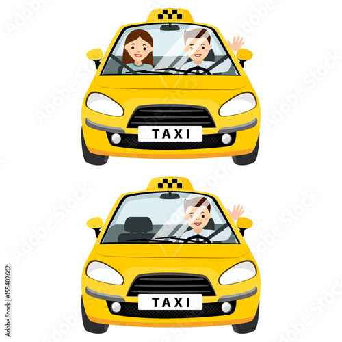 Yellow taxi car and taxi driver with passenger.They are fastened with a seat belt in the cabin. Vector flat illustration isolated on white background