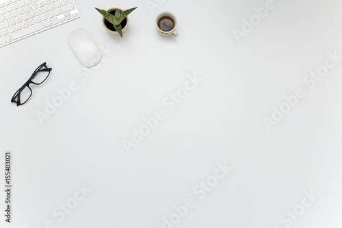 Office Desk with Glasses, Keyboard, Mouse, Fat plant and Coffee Mug - Top Left
