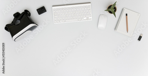 Office Desk with Virtual Reality Headset, 4K Action Camera, Keyboard and Mouse, mini Fat Plant, Notepad and Usb Pen Drive
