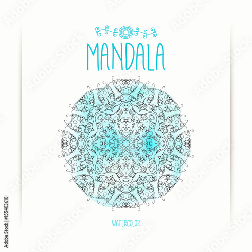 Mandala on the watercolor background. Bohemian style. Greeting, invitation card. Elements for design. May be used for textile, coloring book, phone case, t-shirt print.