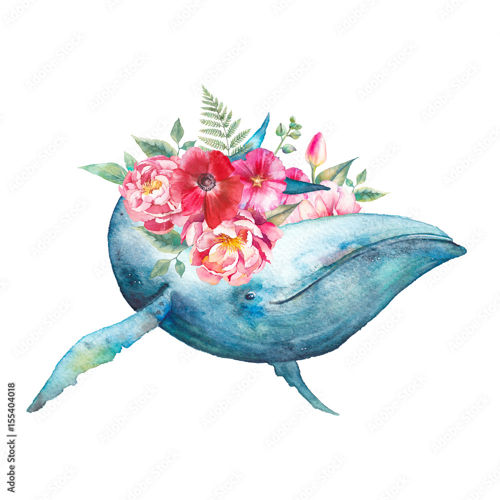 Fototapeta premium Wieloryb z grafiką kwiatów. Akwarela kompozycja z płetwalem błękitnym i ukwiałami, różami, paprociami, bukietem piwonii. Ręcznie malowane sylwetki zwierząt na białym tle.