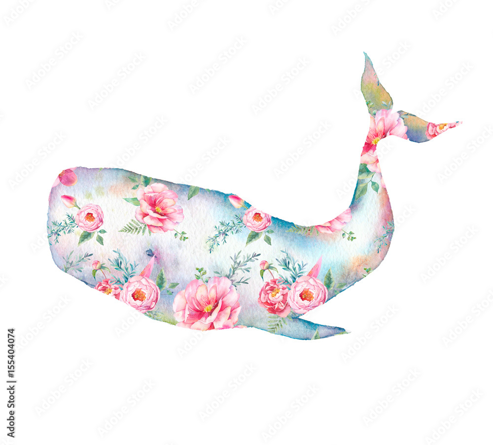 Fototapeta premium Whale with flowers artwork. Watercolor print with cachalot whale and tulip, roses, peonies bouquet pattern. Hand painted animal silhouette isolated on white background. Creative natural illustration