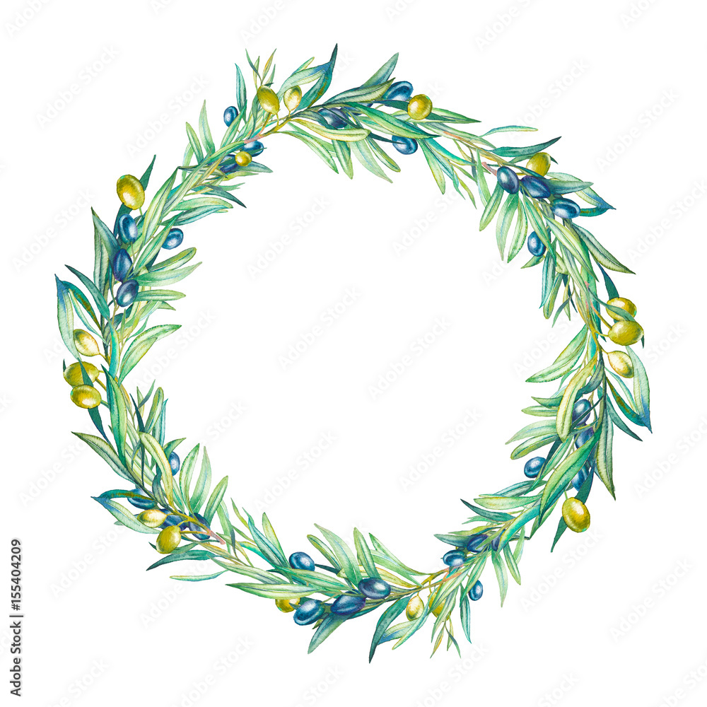 Watercolor olive tree branches wreath. Hand painted round floral frame ...