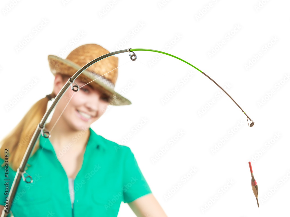 Woman with fishing rod, spinning equipment Woman with fishing rod, spinning equipment
