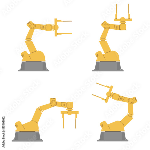 Set of isolated robotic hands. Assembly using robotic arms. Industrial technology and factory.