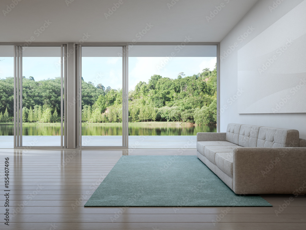 Fototapeta premium Living room of luxury house with lake view in modern design, Vacation home for family - Interior 3d rendering