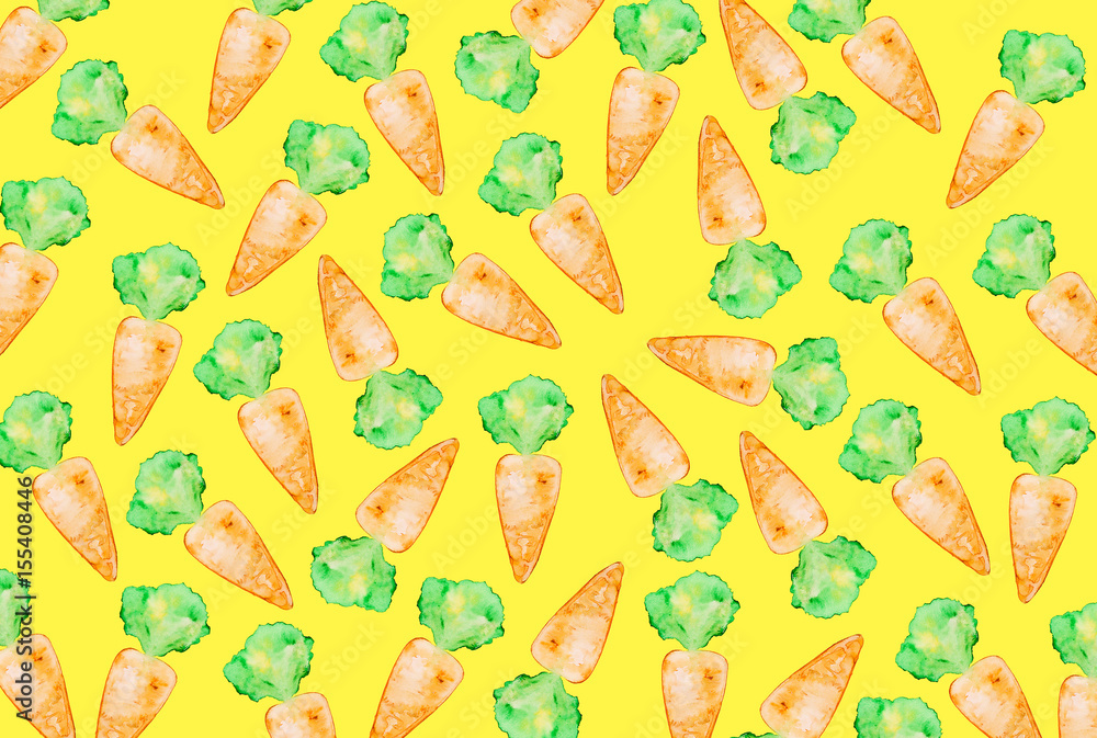 Naklejka premium Tasty appetizing colorful background with hand drawn carrots on yellow background. Pattern seamless. Food concept.