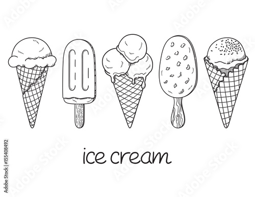 Set of hand drawn ice cream cones and bars