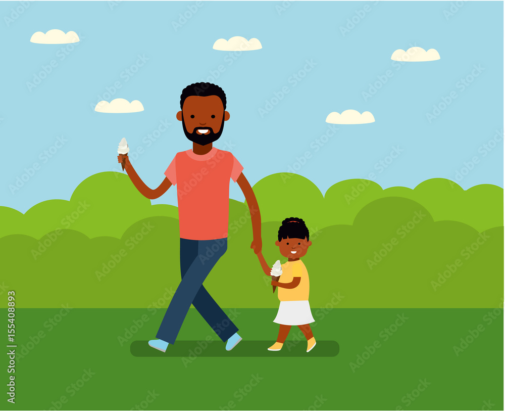 Fototapeta premium Happy Father's Day. Dad with daughter in the Park. Happy holiday. African Americans family. Vector illustration in cartoon flat style