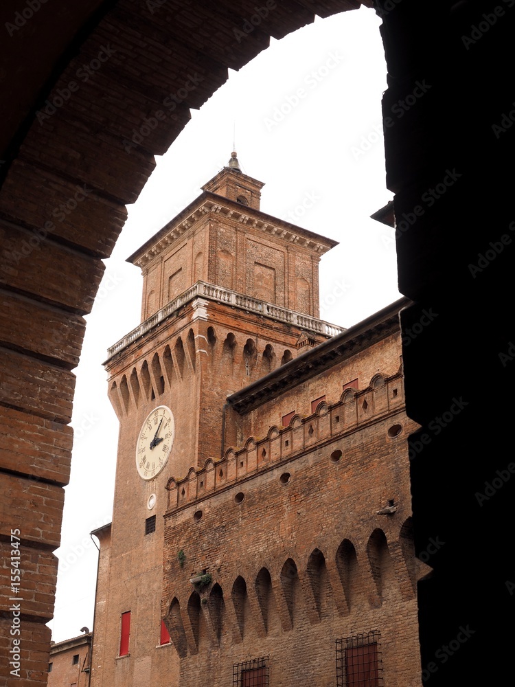 Castle of Ferrara, Italy, seen from the colonnade of the municipal theater.