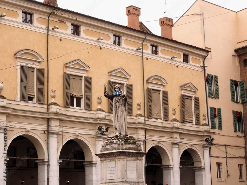 Ferrara, Italy. Savonarola Square, statue of Girolamo Savonarola.