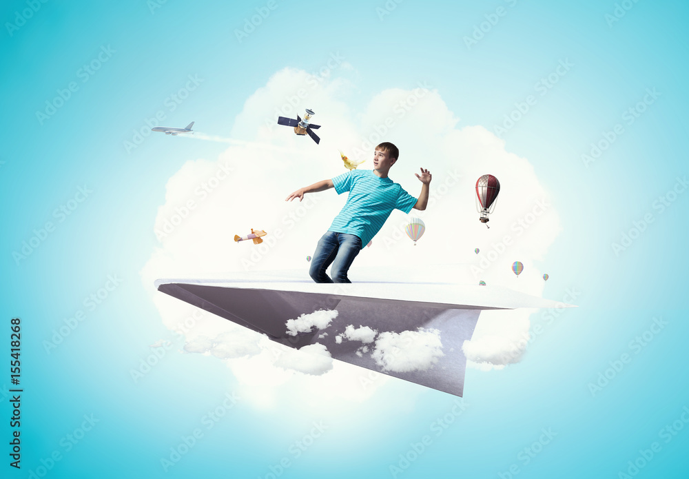 Hipster guy surfing sky