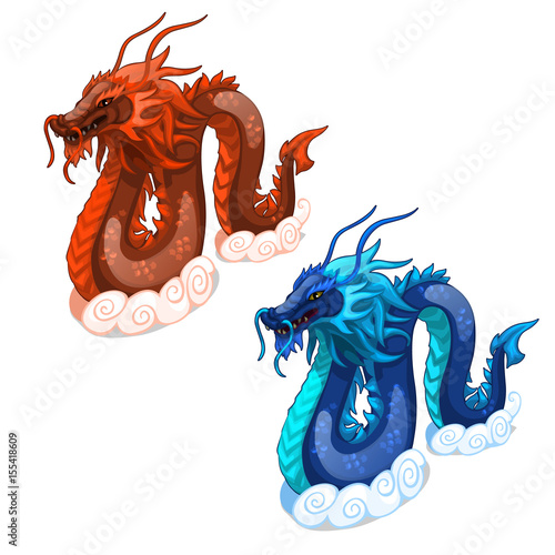 Red and blue serpent dragons. Vector isolated