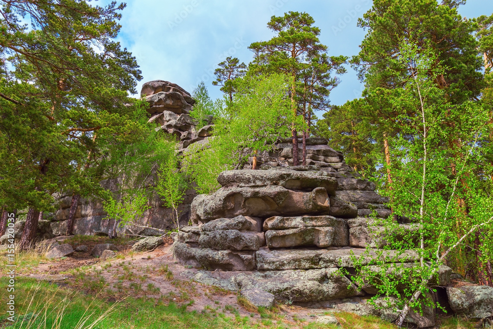 Obraz premium Stone blocks forming hills in the national nature park Burabai in Kazakhstan. Natural landscape with rock and trees