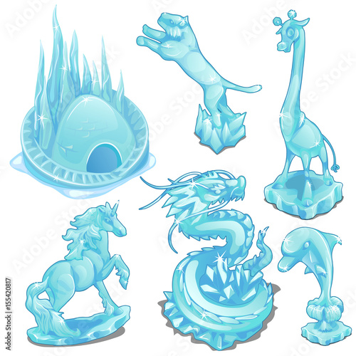 Set of ice figurines of wild and fantastic animals