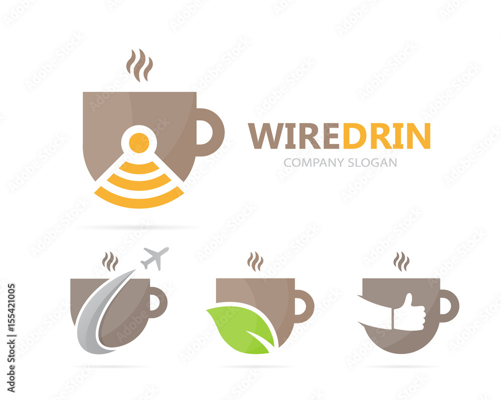 Vector of coffee and wifi logo combination. Drink and signal symbol or icon. Unique cup and radio, internet logotype design template.