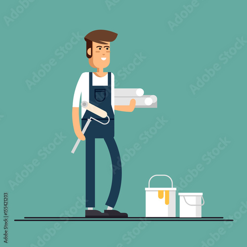 Couple of house painter vector flat characters with paint equipment