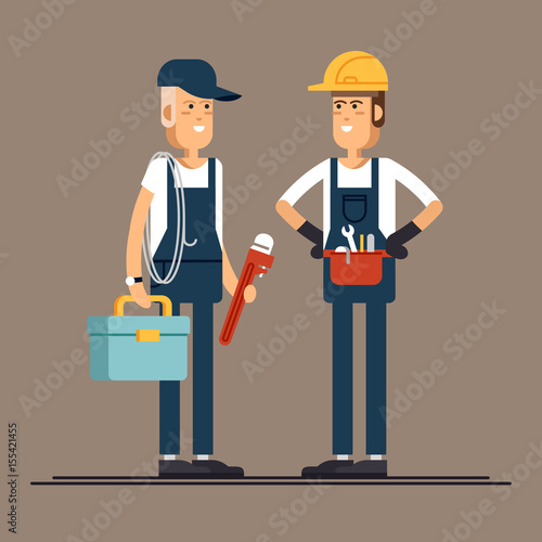 Cool vector plumber male character standing holding tool