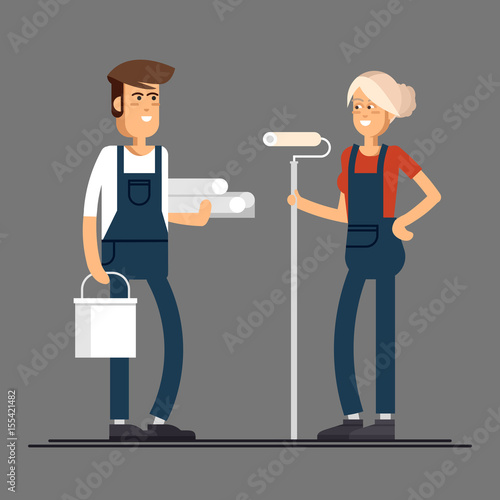 Couple of house painter vector flat characters with paint equipment