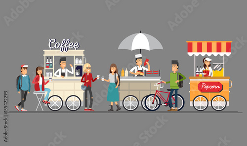 Creative detailed vector street coffee cart, popcorn and hotdog shop with sellers