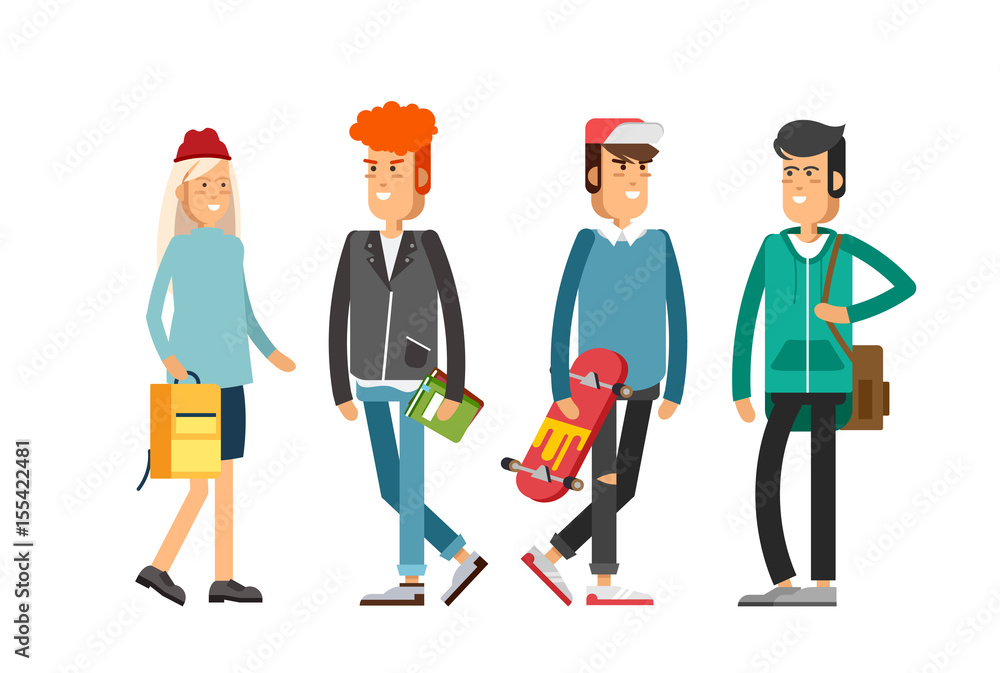 Flat illustratuion set of students. Fashio modern people.