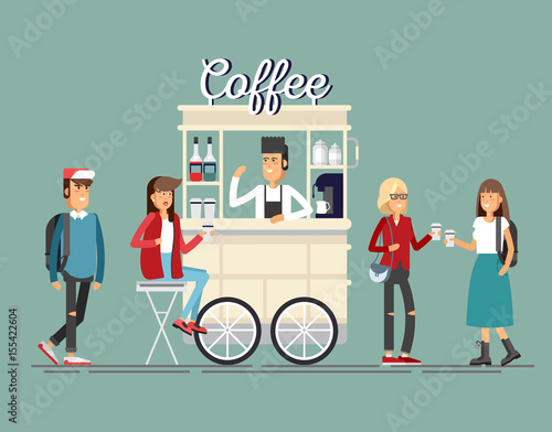 Creative detailed vector street coffee cart or shop with espresso machine, syrup bottles