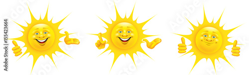 Collection of happy sun character with different hand gestures