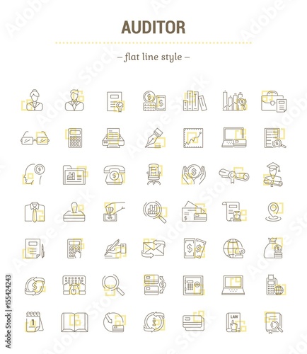 Vector graphic set. Icons in flat, contour, thin, minimal and linear design.Audit. Management of financial statements,payments.Monitoring of accounting.Concept illustration for Web site.Sign,symbol.