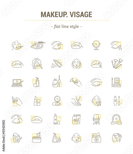 Vector graphic set.Isolated Icons in flat, contour, thin, minimal and linear design.Makeup silhouette.Stylist is a makeup artist.Applying makeup.Concept illustration for Web site.Sign,symbol, element.
