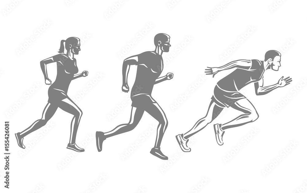 Set of Runners Silhouettes. Men and Woman Run Race